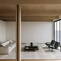 Modern Natural Living Dining Room Interior With Wooden Beams Marble Countertop And Open Layout