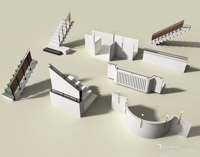 Diverse Modern Staircase Designs With Sleek Railings And Curved Structures 3d model