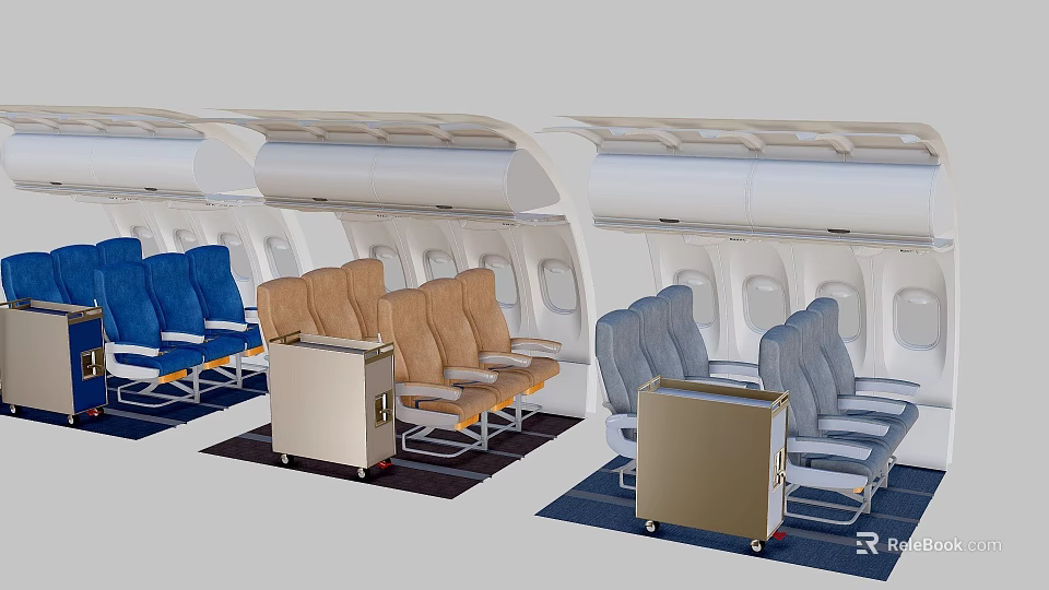 Single Chair Interior in Airplane Cabin With Blue Brown Grey Seats and Trolley 3d model 
