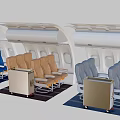 Single Chair Interior in Airplane Cabin With Blue Brown Grey Seats and Trolley