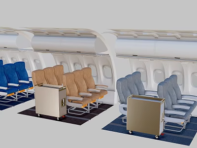 Single Chair Interior in Airplane Cabin With Blue Brown Grey Seats and Trolley 3d model