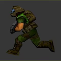 3D Military Character In Green Uniform With Helmet Face Mask And Large Gun Running