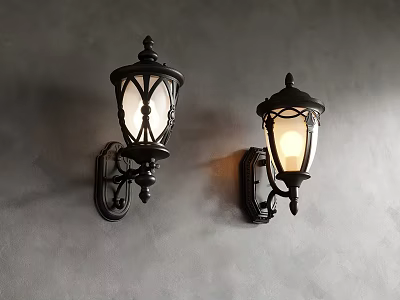 Vintage Style Wall Sconces With Black Metal Frame And Glass Shade Illuminated On Gray Wall 3d model