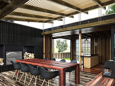 Rustic Modern Restaurant Interior With Wooden Ceiling Black Walls Large Windows And Open Kitchen 3d model