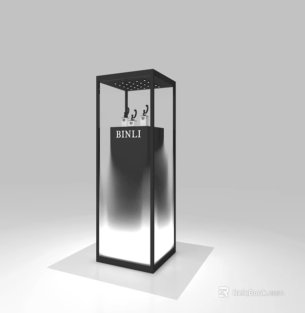 Modern Display Cabinet Shelf With Black Frame Glass Panel And Top Lighting Design 3d model 
