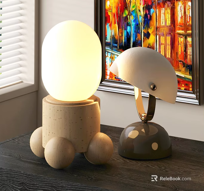 Stylish Table Lamps with Cork Base Round Legs Spherical Bulb and Mushroom Shade by Colorful Painting 3d model 