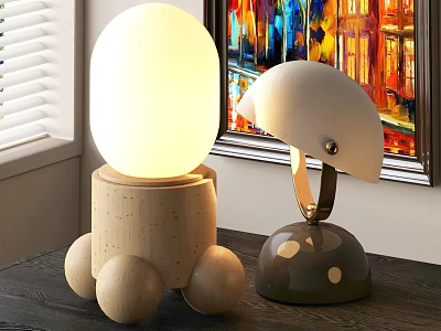 Stylish Table Lamps with Cork Base Round Legs Spherical Bulb and Mushroom Shade by Colorful Painting 3d model