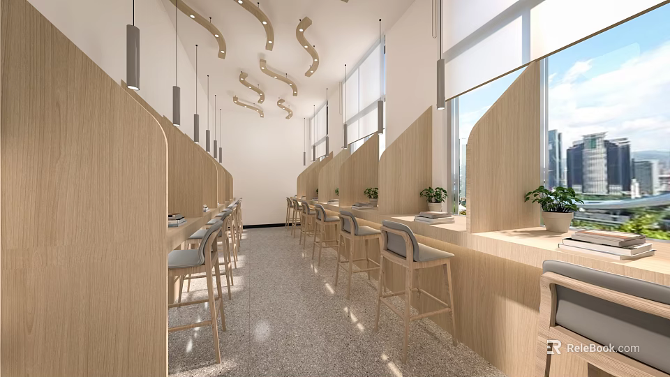 Modern Minimalist Café Interior With Wooden Partitions Bar Stools And City View Through Large Windows 3d model 