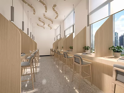 Modern Minimalist Café Interior With Wooden Partitions Bar Stools And City View Through Large Windows 3d model