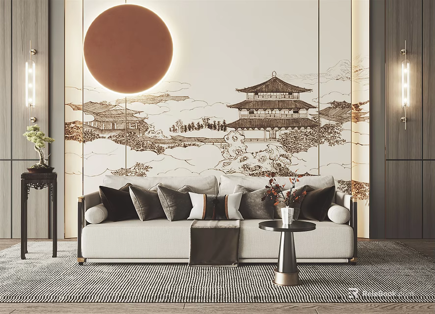 Chinese Modern Beige Double Sofa With Dark Pillows And Traditional Architecture Mural 3d model