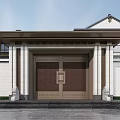 Modern Guesthouse Building With Open Porch Stone Steps Slate Path Pine Trees And Wooden Bench