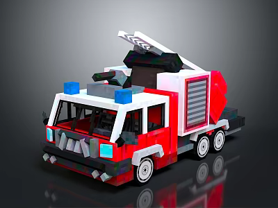 Red And White Block Model Fire Truck With Blue Emergency Lights And Ladder 3d model