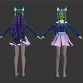 Two Anime Cat Eared Girls With Long Purple Hair Black Top Pink Skirt Holding Hands