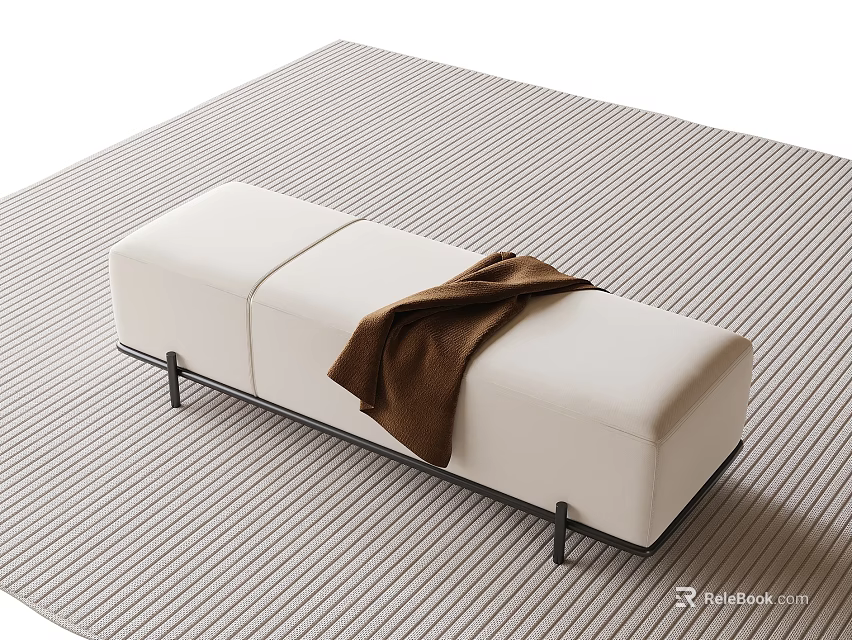 Modern White Bench With Black Metal Legs And Brown Blanket On Striped Rug 3d model 