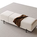 Modern White Bench With Black Metal Legs And Brown Blanket On Striped Rug