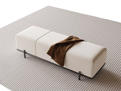 Modern White Bench With Black Metal Legs And Brown Blanket On Striped Rug 3d model