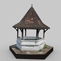 Traditional Wooden Pavilion Model With Pyramidal Roof Hexagonal Base And Stone Steps