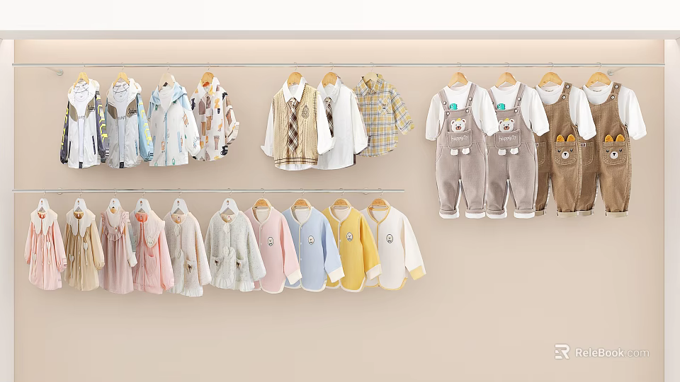 Cute Soft Baby Clothes Hanging on Racks with Assorted Styles and Pastel Colors 3d model 