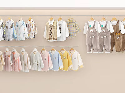 Cute Soft Baby Clothes Hanging on Racks with Assorted Styles and Pastel Colors 3d model