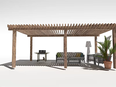 Wooden Pergola In Outdoor Living Space With Sofa Table Grill And Potted Plant 3d model