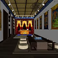Buddhist Religious Worship Space With Buddha Statues Red Backdrops Thangka Paintings Wooden Table And Cushions
