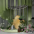 Elegant Decorative Scene With Green Hanging Panels Lotus Elements Pink Flowers And Circular Platform