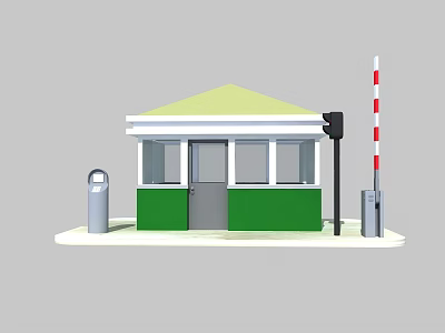 Cartoon Scene of Green and White Booth with Green Roof Trash Can and Traffic Pole 3d model