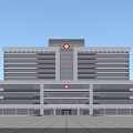 Modern Hospital Building Exterior With Glass Curtain Walls And Red Cross Symbols
