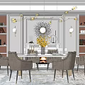 Elegant Modern Dining Table Set With Upholstered Chairs Pendant Lights And Decorative Mirror