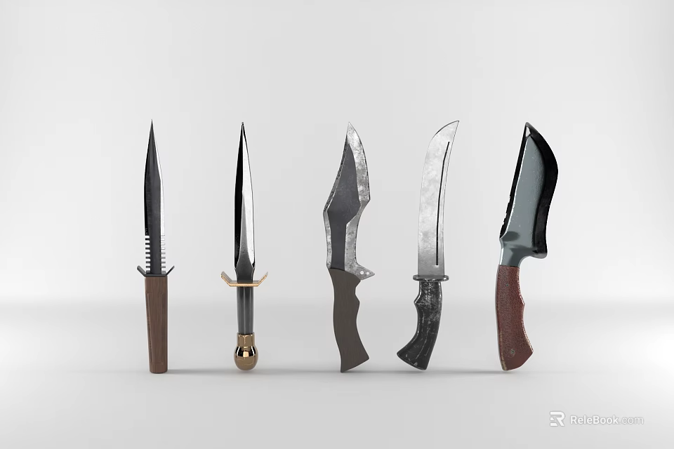Weapon Knives Collection With Diverse Blade Shapes And Varied Handle Materials 3d model 