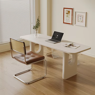 Modern Home Office Desk With Laptop Magazine Vase Brown Chair And Wall Artworks 3d model