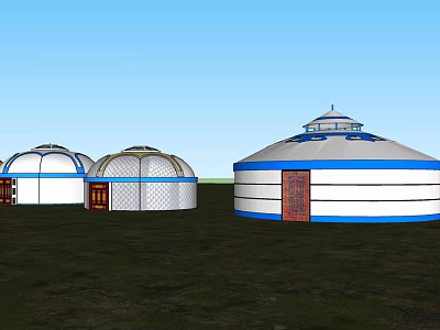 Traditional Yurts With White Blue Stripes And Red Doors On Green Grassland Under Blue Sky 3d model