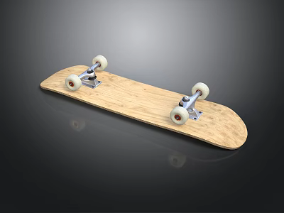 Wooden Skateboard With White Wheels And Metal Trucks On Black Background With Reflection 3d model