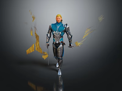 Man in Blue and Silver Armor with Golden Energy Trails Walking Forward 3d model