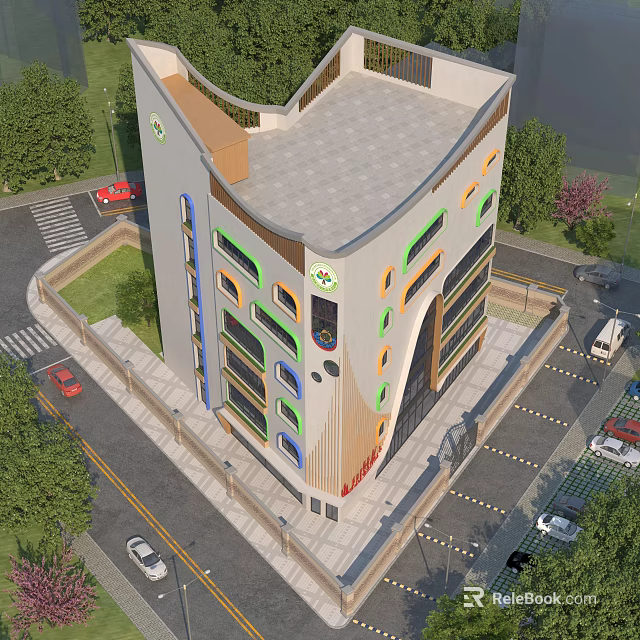 Modern School Building With Contemporary Architectural Design Colorful Facade Surrounding Trees Parking Lot And Roads 3d model 