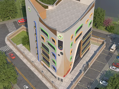 Modern School Building With Contemporary Architectural Design Colorful Facade Surrounding Trees Parking Lot And Roads 3d model