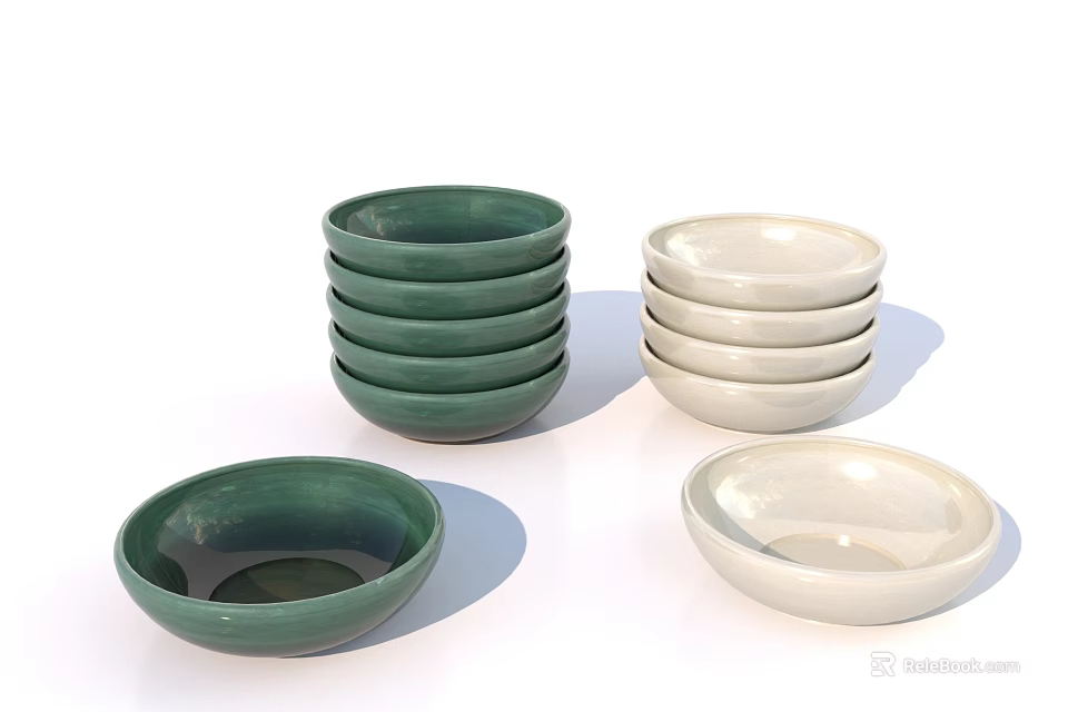 Green and White Stacked Bowls Tableware Set for Daily Dining 3d model 