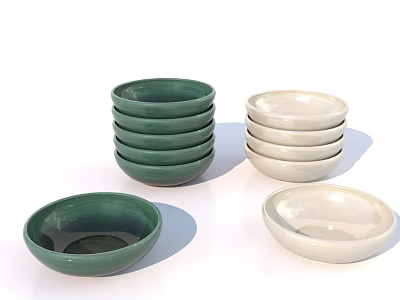 Green and White Stacked Bowls Tableware Set for Daily Dining 3d model