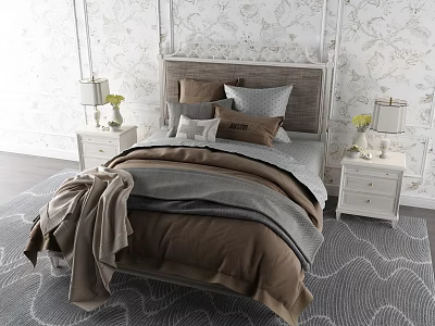 Background Double Bed with Brown Gray Bedding Gray Headboard Nightstands Lamps Floral Wallpaper and Rug 3d model