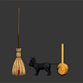 Essential Household Items Featuring Broom Black Cat Yellow Handbag And Red Key