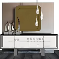 Elegant Modern Black Console Cabinet With Glass Doors Mirror Above Decorative Glassware
