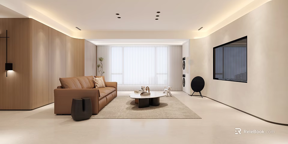 Modern Living And Dining Room Interior With Brown Sofa Coffee Table Area Rug And TV 3d model 