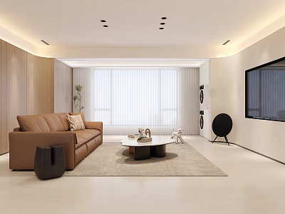 Modern Living And Dining Room Interior With Brown Sofa Coffee Table Area Rug And TV 3d model