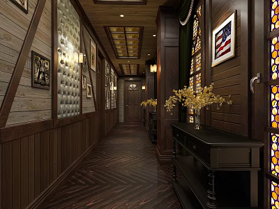 Vintage Hotel Corridor With Wooden Walls Herringbone Flooring Decorative Paintings Wall Sconces And Flowers 3d model