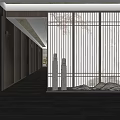 Modern Hotel Corridor With Dark Wooden Walls Wall Lamps And Lattice Screen