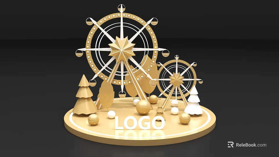 Golden Ferris Wheel Decorative Set With Christmas Trees And Logo Base 3d model 