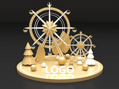 Golden Ferris Wheel Decorative Set With Christmas Trees And Logo Base 3d model