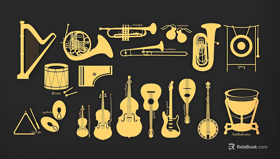 Variety of Musical Instruments Silhouette Art with Brass String and Percussion Types 3d model 