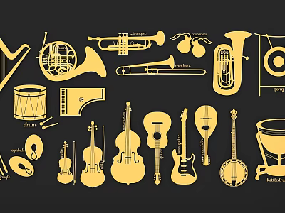 Variety of Musical Instruments Silhouette Art with Brass String and Percussion Types 3d model