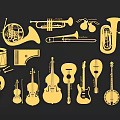 Variety of Musical Instruments Silhouette Art with Brass String and Percussion Types